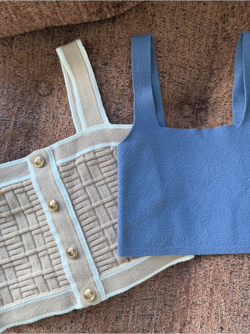 Cream Knit with Gold Buttons & Blue Tank Top